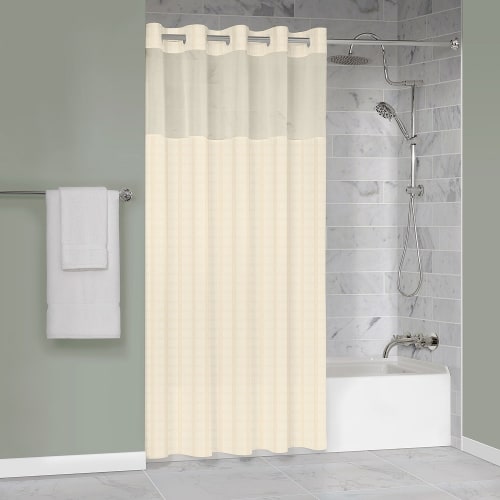 Protect360° Boxed Stripe Shower Curtain, Hook Free, Antimicrobial, Polyester, 71x74, Beige